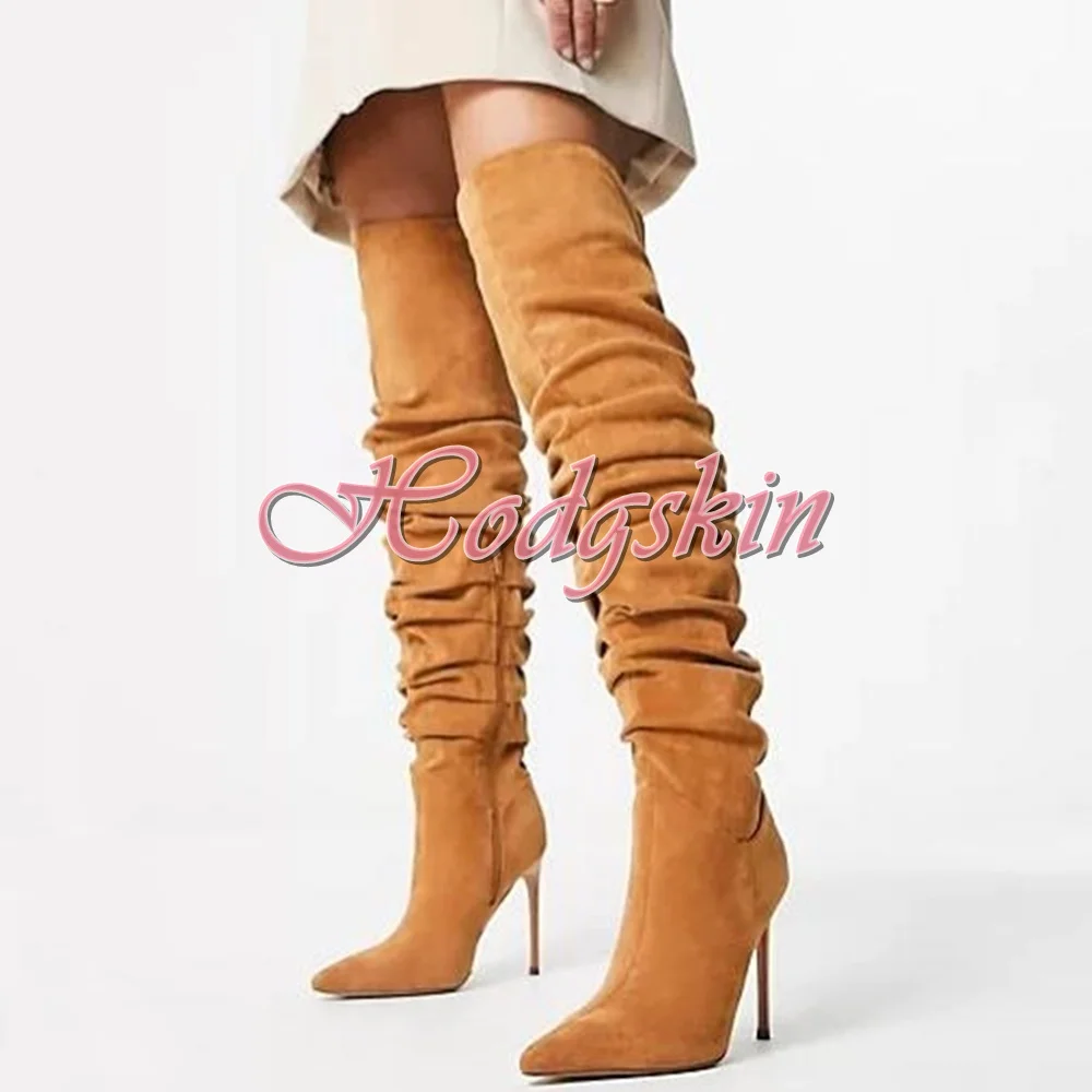 

Brown Pleated Thigh High Boots Pointy Toe Solid Stiletto Heels Side Zipper Fitted Women Winter Boots New Style Party Dress Shoes