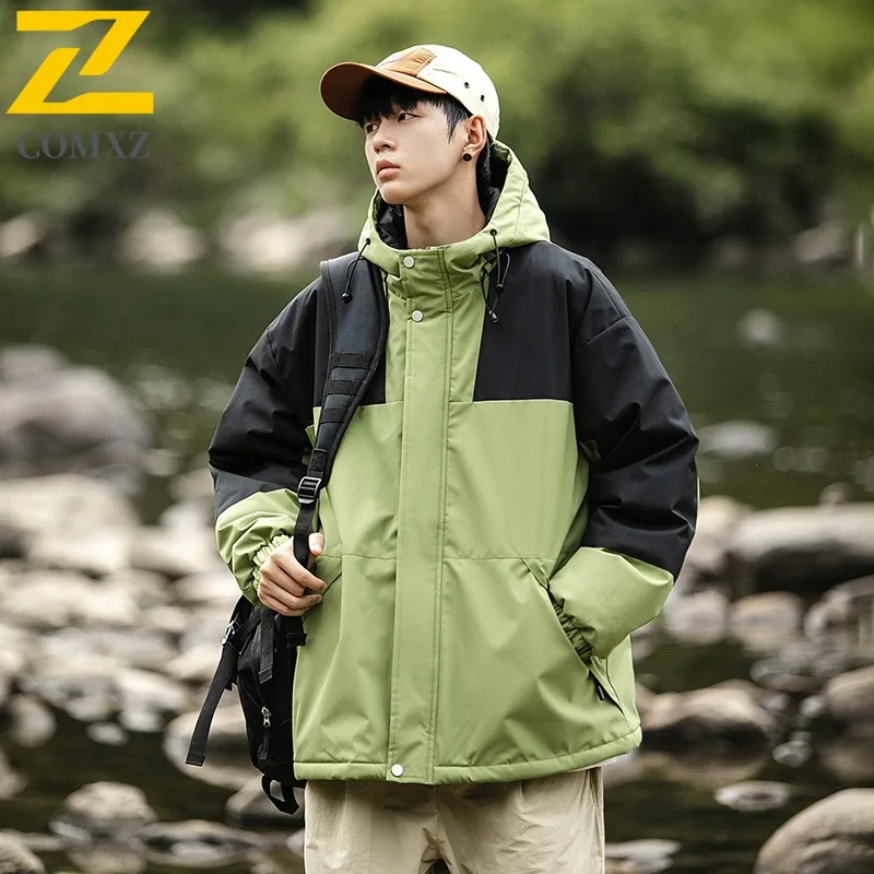 

COMXZ Мужская уличная повседневная куртка с капюшоном, зимняя флисовая куртка в американском стиле с хлопковой подкладкой, водонепроницаемая ветрозащитная уличная одежда