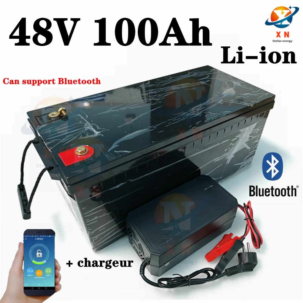 Batterie lithium-ion 48V, 100Ah pour films, avec Bluetooth, 3500/5000W, Go Cart, stockage d'énergie solaire, avec chargeur 10A