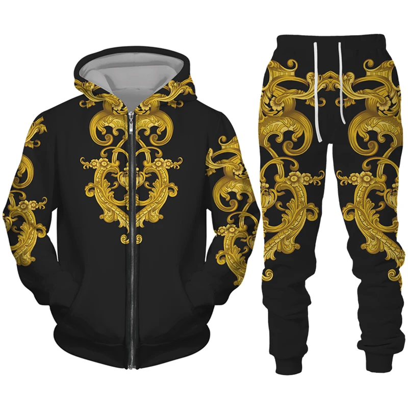 Men\'s Zipper Tracksuit Set Luxury Golden Pattern 3D Print Casual Hoodie Pants 2pcs Sets Oversize Sweatshirt Fashion Man Clothes