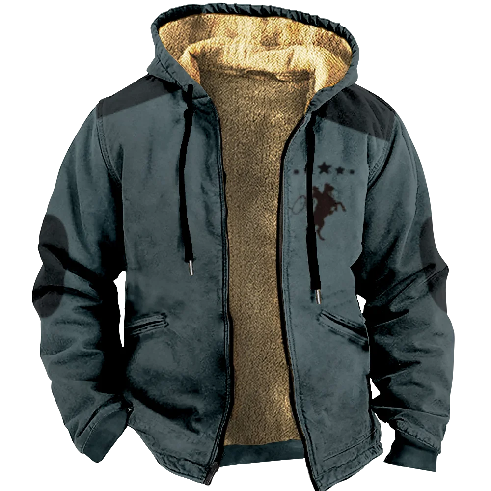Homens e mulheres Cowboy Denim padrão manga comprida com zíper Hoodies, roupa grossa, moletom, jaqueta, Casacos, inverno