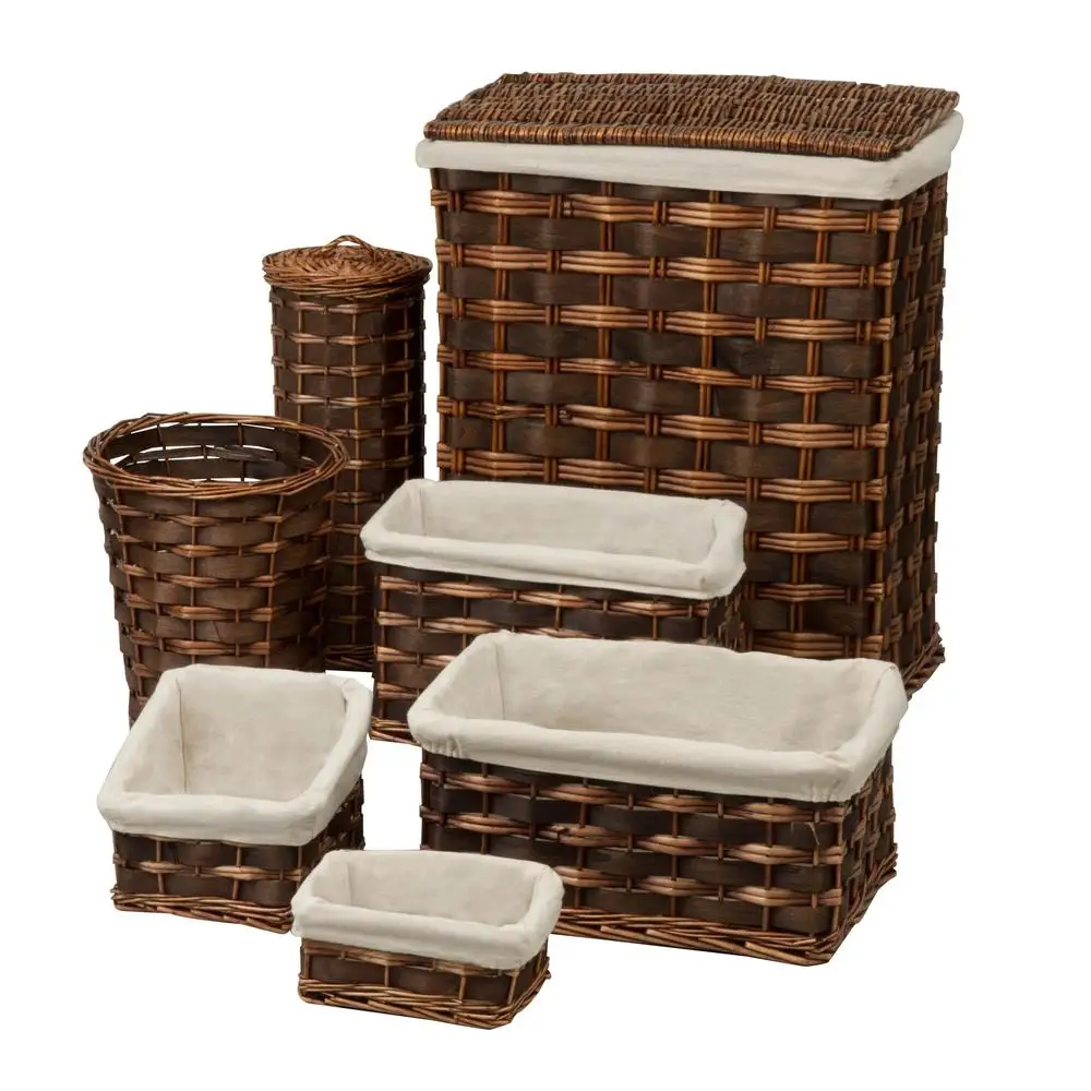 7-Piece Wicker Bath Storage Basket Set of Brown/Natural Hamper Toilet Roll Holder Waste Basket 4 Baskets Versatile Storage