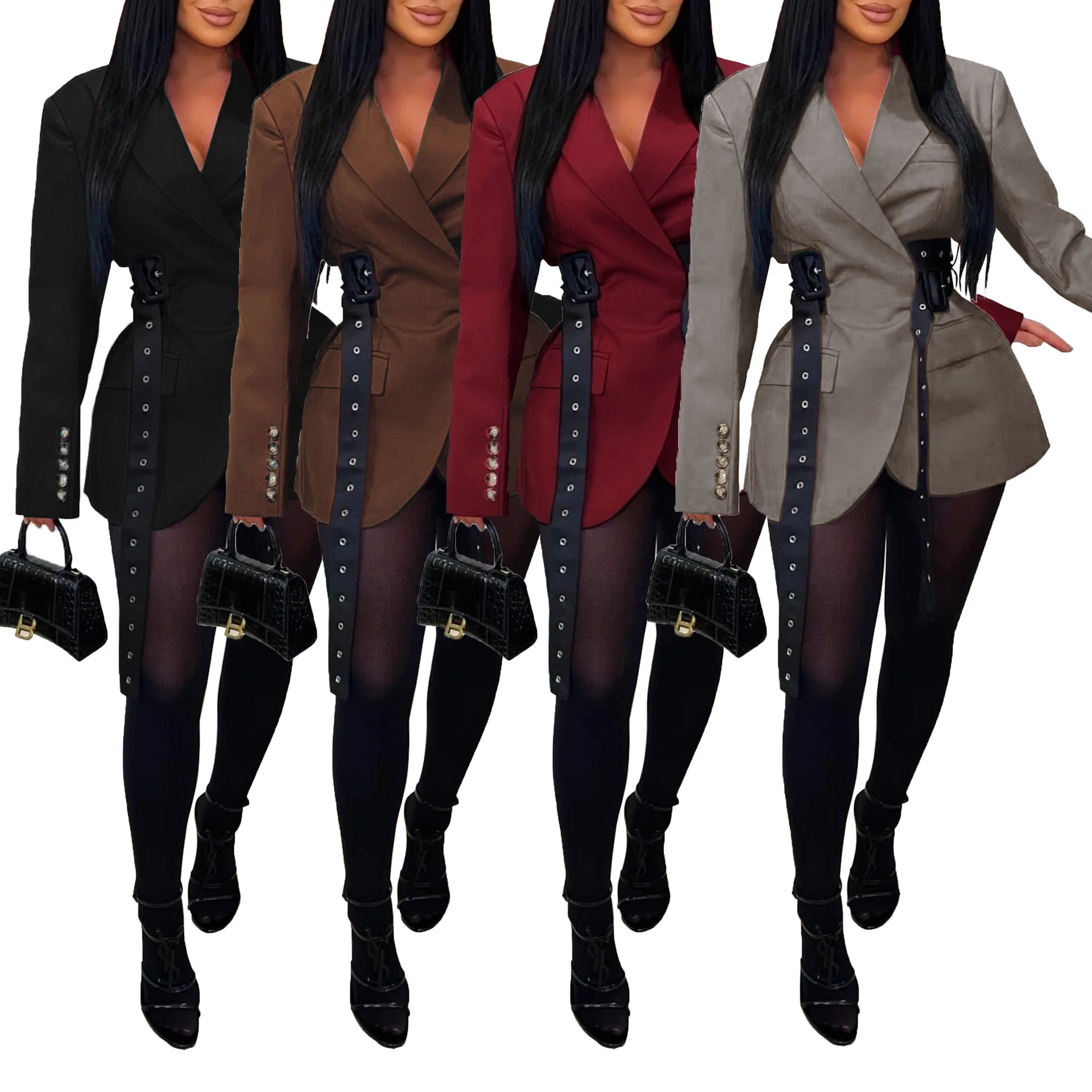 2026 New Women Side Tie Belt Waist Long Sleeve Blazer Patchwork Jacket Black  Wine Red Gray Slim Fit