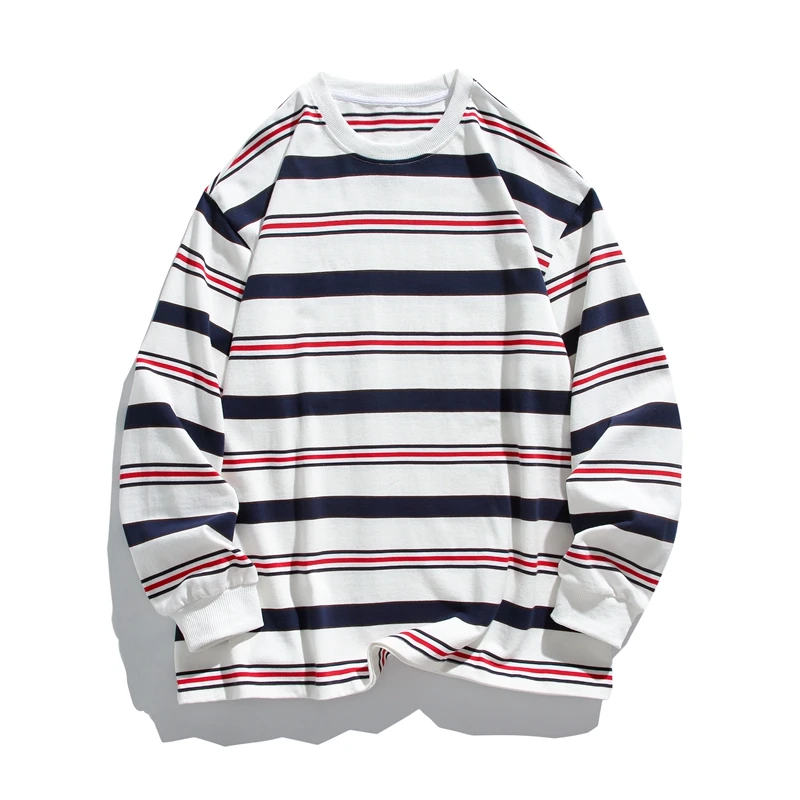 

Men's Pure Cotton Long Sleeve T-Shirt Spring Autumn 280G Heavyweight Casual Striped round Neck Comfortable Loose Top
