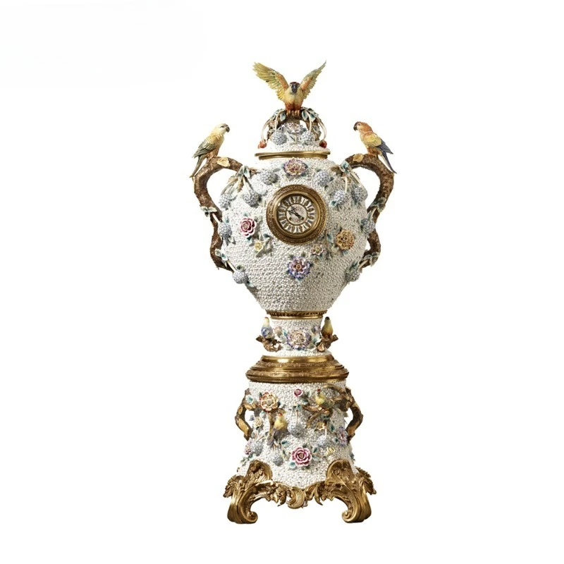 Style Flower Bird Porcelain Bronze Grandfather Bell Flower Trophy Modeling Floor Clock
