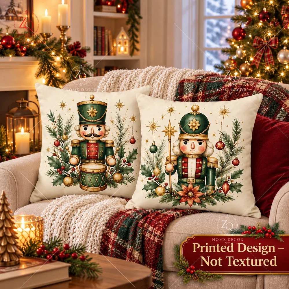 Christmas Nutcracker Pillowcase Peach Skin 2D Flat Printed Xmas Cushion Case Soldier Drummer Throw Pillow Cover Living Room Sofa