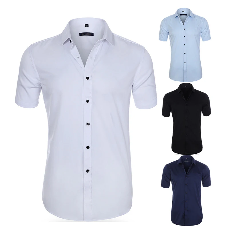 Anti-Wrinkle Stretch Slim Elasticity Fit Male Dress Business Basic Casual Short Sleeved Men Social Formal Shirt Oversized