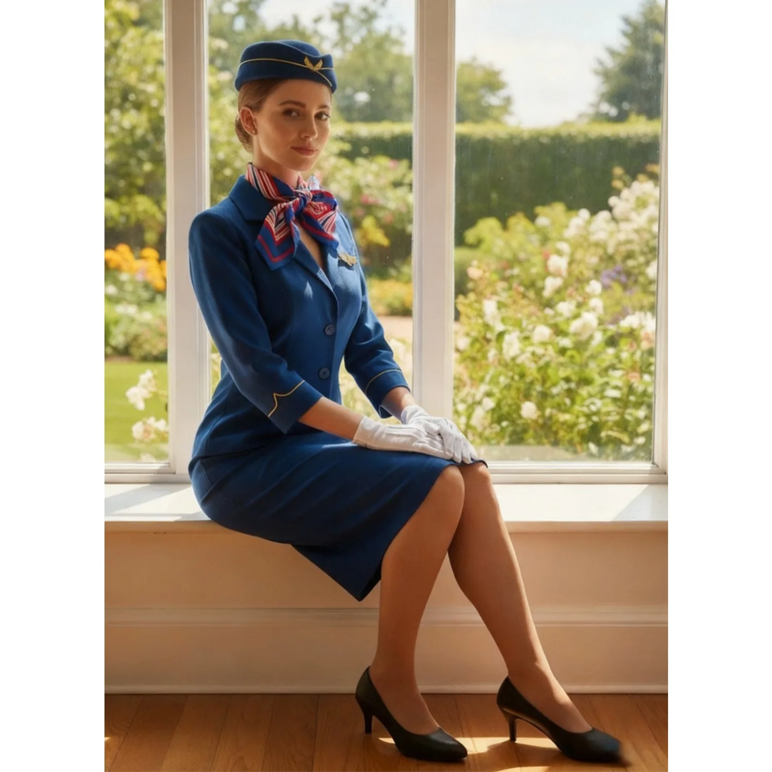 Elegant Stewardess Costume Accessories Set - Stylish Airline Dress Up Kit with Hat, Scarf, Brooches & Gloves