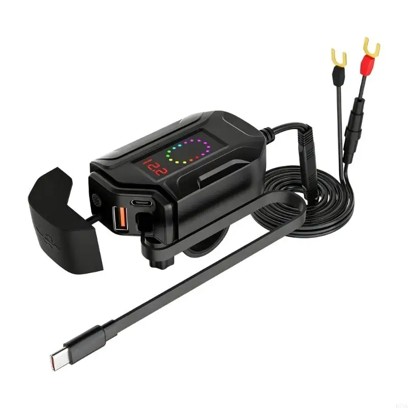 

Heavy Duty Motorcycle Phone Charging Power Adapter 3 Port Quick With Retractable Type C Cable LED Display D7YA