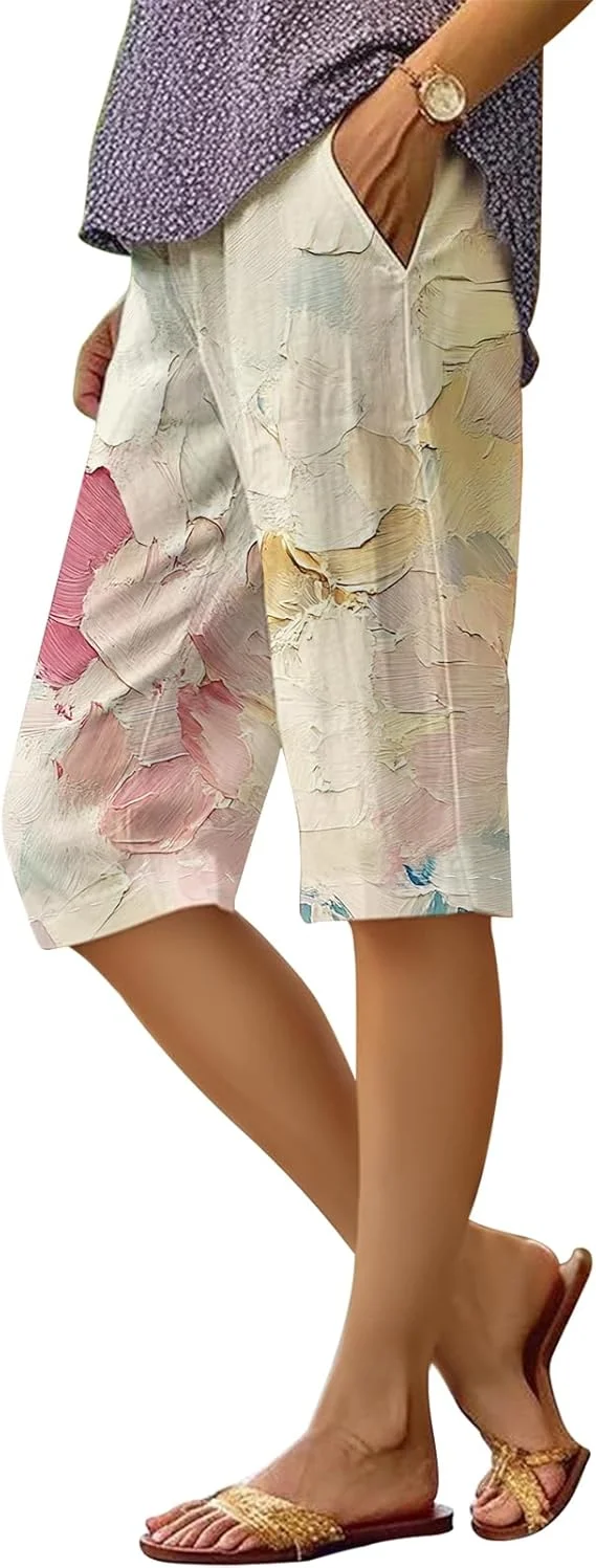 

Women's plus size loose cropped pants casual culottes summer casual new floral beach trousers with pockets work pants