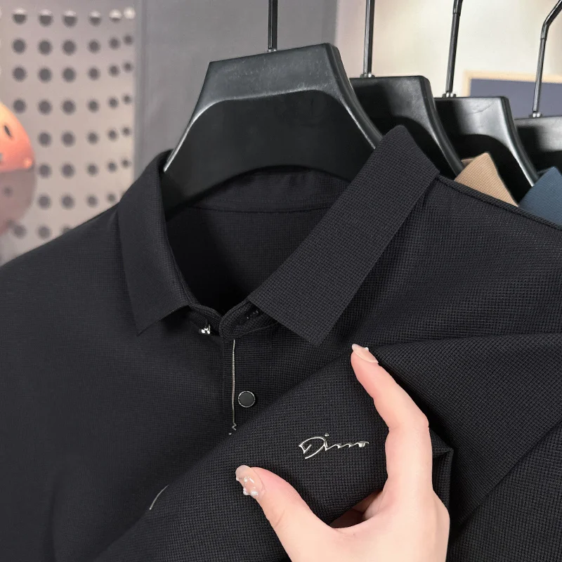 High Quality Man Long-Sleeved Polo Shirt Lapel Letter Embroidery Button Autumn Winter New British Style Business Casual MensTops