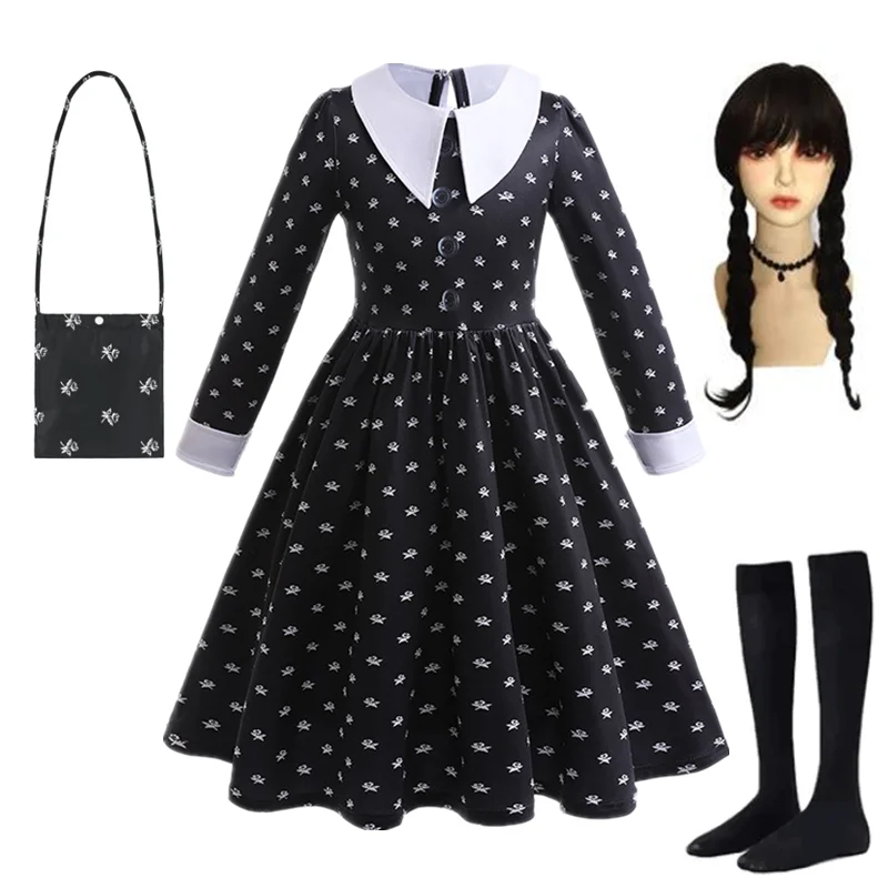 Wednesday Cosplay Girl Costume for Kids Carnival Easter Fancy Disguise Dress Up Children Printing Gothic Party Prom Gown 4-12Yrs