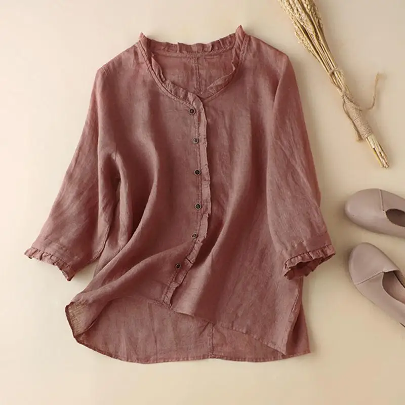 Women Summer Simplicity Elegant Loose Cotton and Linen Solid Color V-neck Short Sleeve Shirts Ladies Fashion All-match Top Tee