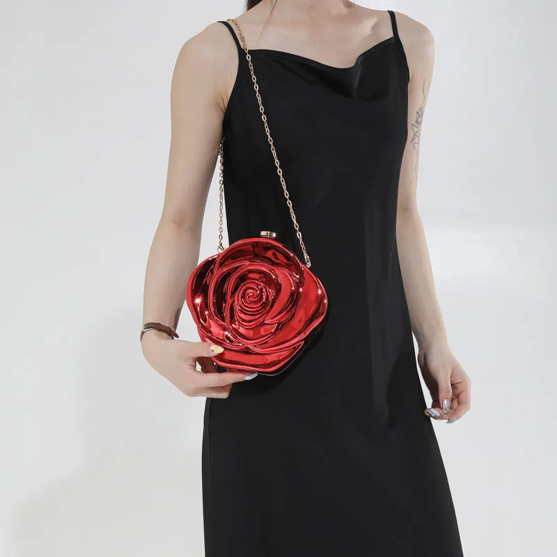 3D Rose Flower Shaped Evening Clutch Bag Fashion Metallic Mirror Finish Hard Case Purse with Chain Luxury Floral Handbag view 3