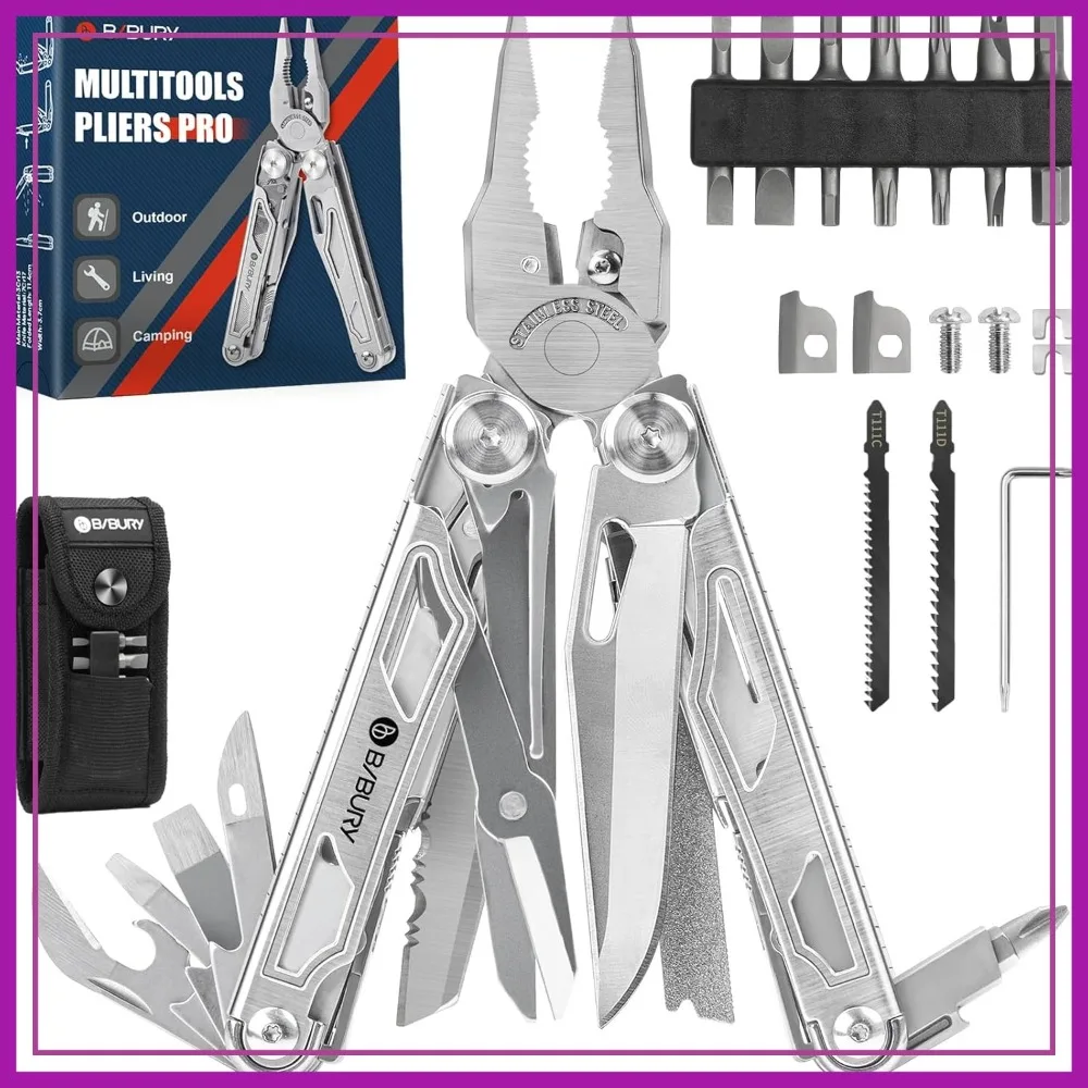 

Multi-Tool Pliers with Replaceable Wire Cutters, Stainless Steel, Scissors, Saw, Screwdriver, Ideal for Camping, Survival, Repair