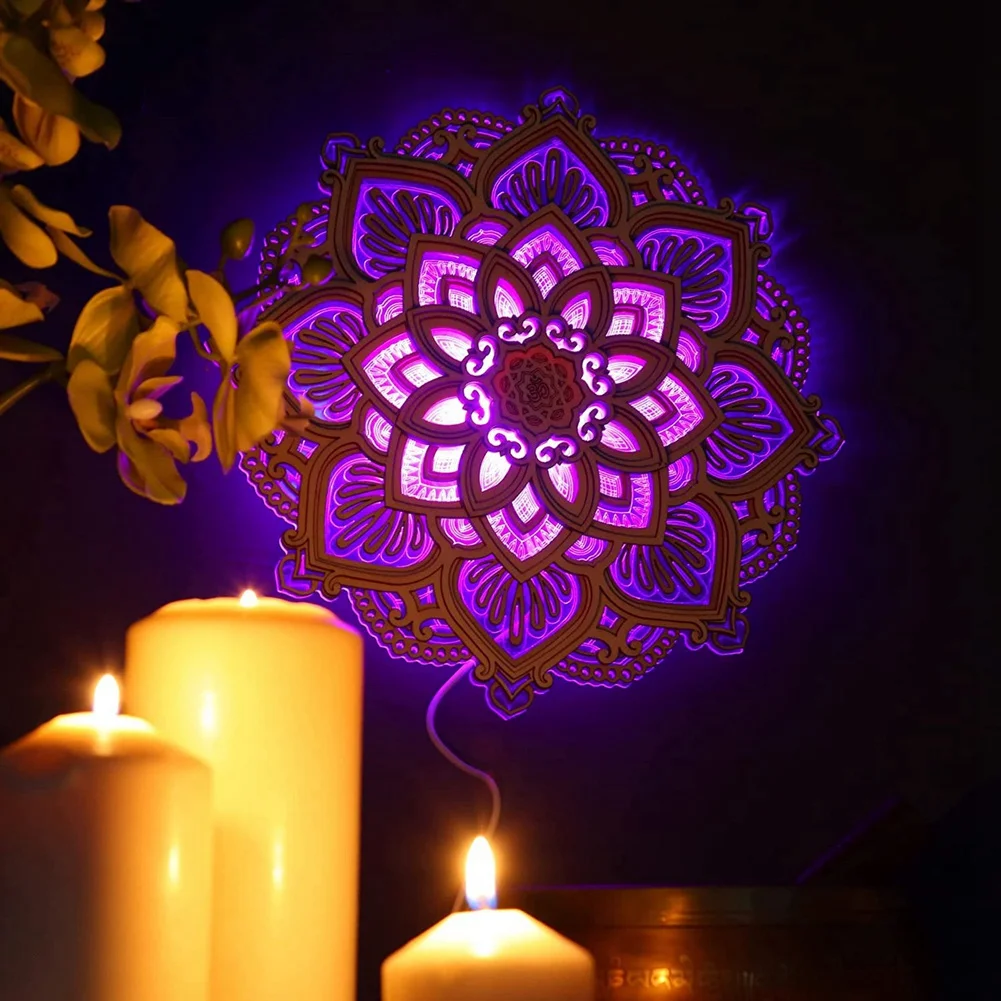 Veilleuse LED moderne avec ports USB, panneaux de Mandala en bois, décoration de lampe, décoration murale élégante