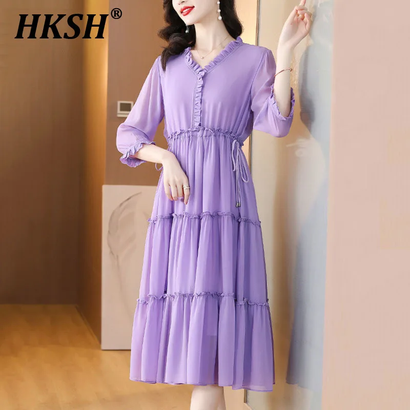 

HKSH Summer New Women Tide Stylish Fashion Elegant Temperament Simple Style Ruffles Pleated Waist Cinching Slimming Dress HK6214