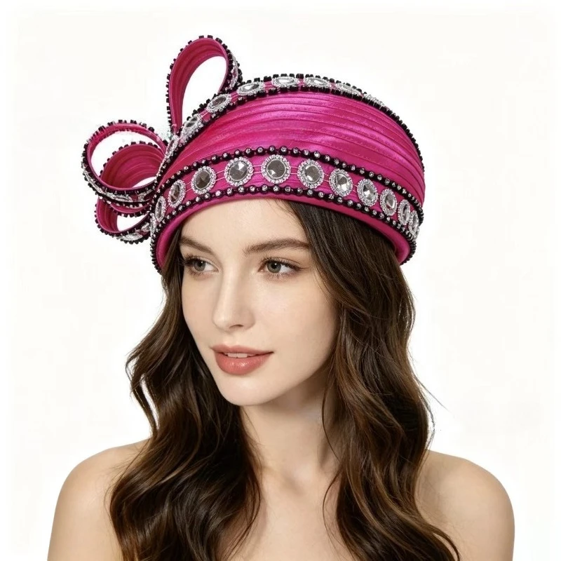 Woman Girls elegant top hat for ladies' banquet with rhinestones high-end Fascinator Tea Party Church Caps
