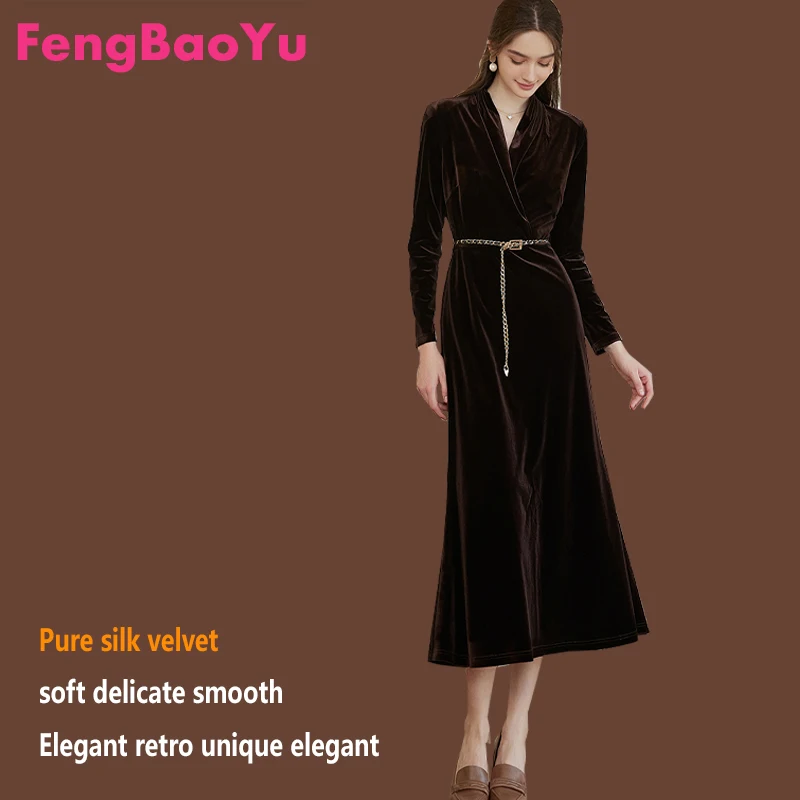 

Fengbaoyu Natural Silk Velvet Women's Dress - Retro Style Elegant Gown - Luxurious and High-End, Graceful and Noble