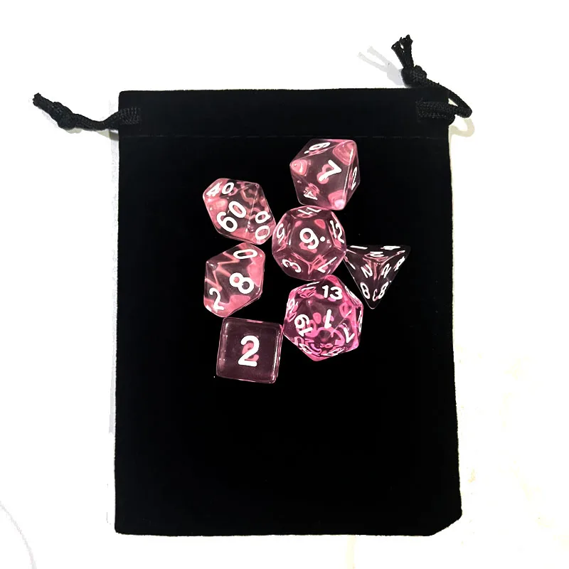 with bag 7pcs DnD Polyhedral Dice Set for Tabletop board Games, RPG Dice D4 D6 D8 D10 D% D12 D20 Clear transparent Dice 10colors