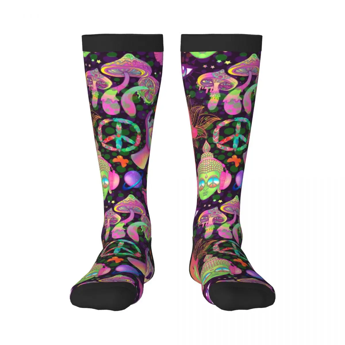 Unisex Socks Breathable Long Business Harajuku Socks Trippy Mushrooms Peace Sign Butterflies Sox Sokken for Outdoor Sports