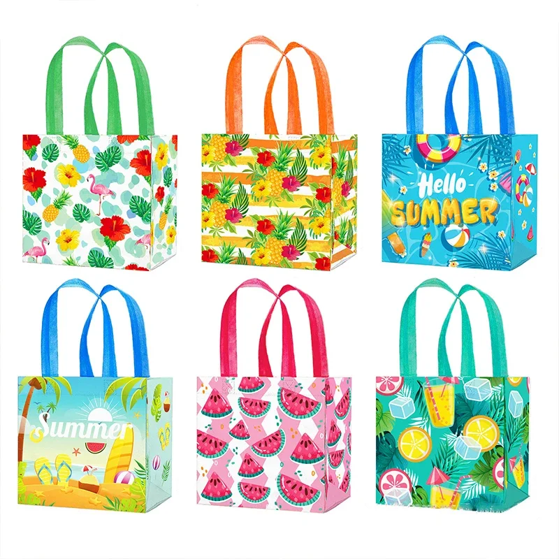 6pcs Tropical Hawaii Party Gift Bags Beach Pineapple Non-woven Candy Bags HELLO SUMMER Happy Aloha Luau Birthday Party Decors