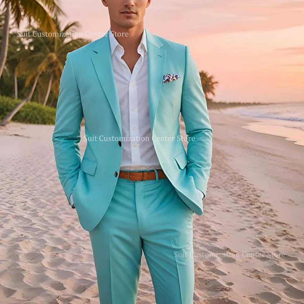 

Fresh Blue Suits For Men Classic Single Breasted Notch Lapel Special Occasion Handsome Casual Outfits 2 Piece Jacket Pants