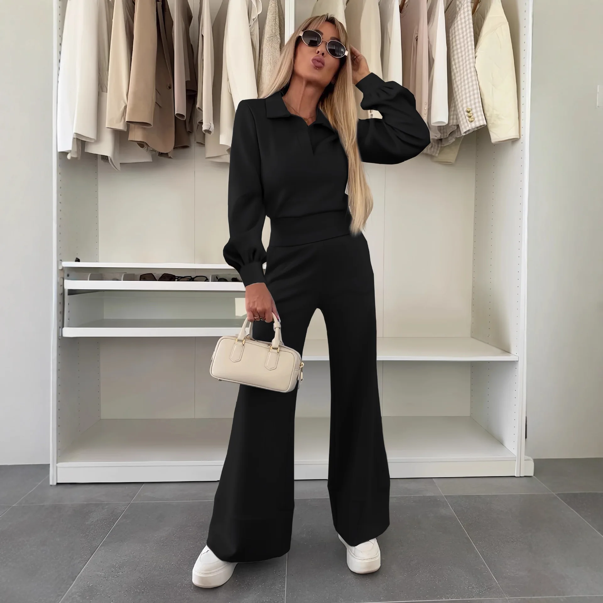 2025 Autumn And Winter New Long Sleeved Top, Elastic Wide Leg Pants Two-piece Set, Solid Color Lapel Casual Suit For Women