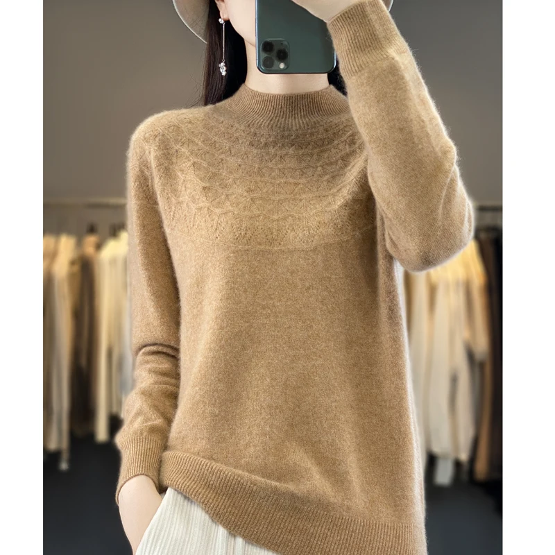 Seamless cashmere sweater women's semi-turtleneck pullover 23 autumn and winter knitted bottoming shirt 100% merino wool sweater