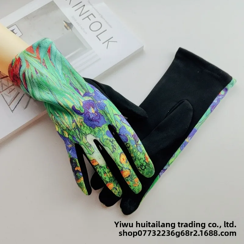 Womens Winter 3D Printed Oil Painting Suede Gloves Full Finger Thickened Fleece Warm Soft Fashion European American Style