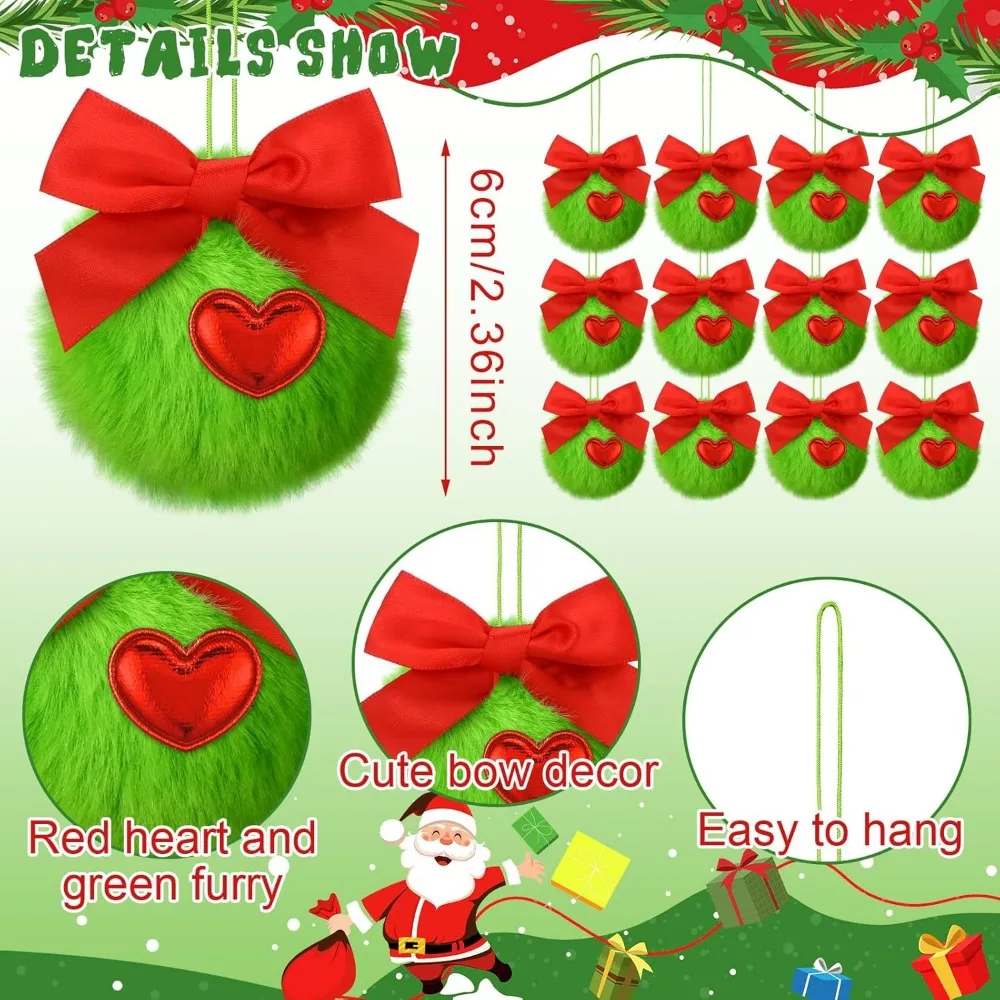 12 Pcs Furry Green Christmas Ball Ornaments Cute Elf Christmas Decorations with Red Bow Ornaments Hanging for Christmas Tree