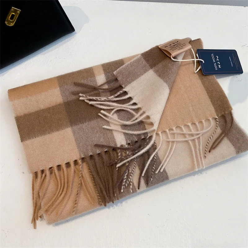 

Lamb Wool Check Plaid Scarf with Fringe Women Men Accessories Winter