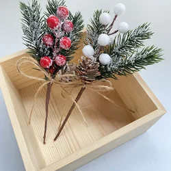 5pcs 20cm Christmas Artificial Branches with White/Red Holly Berry Pine Cone Snow-dusted Decor Xmas Tree Evergreen Winter Party