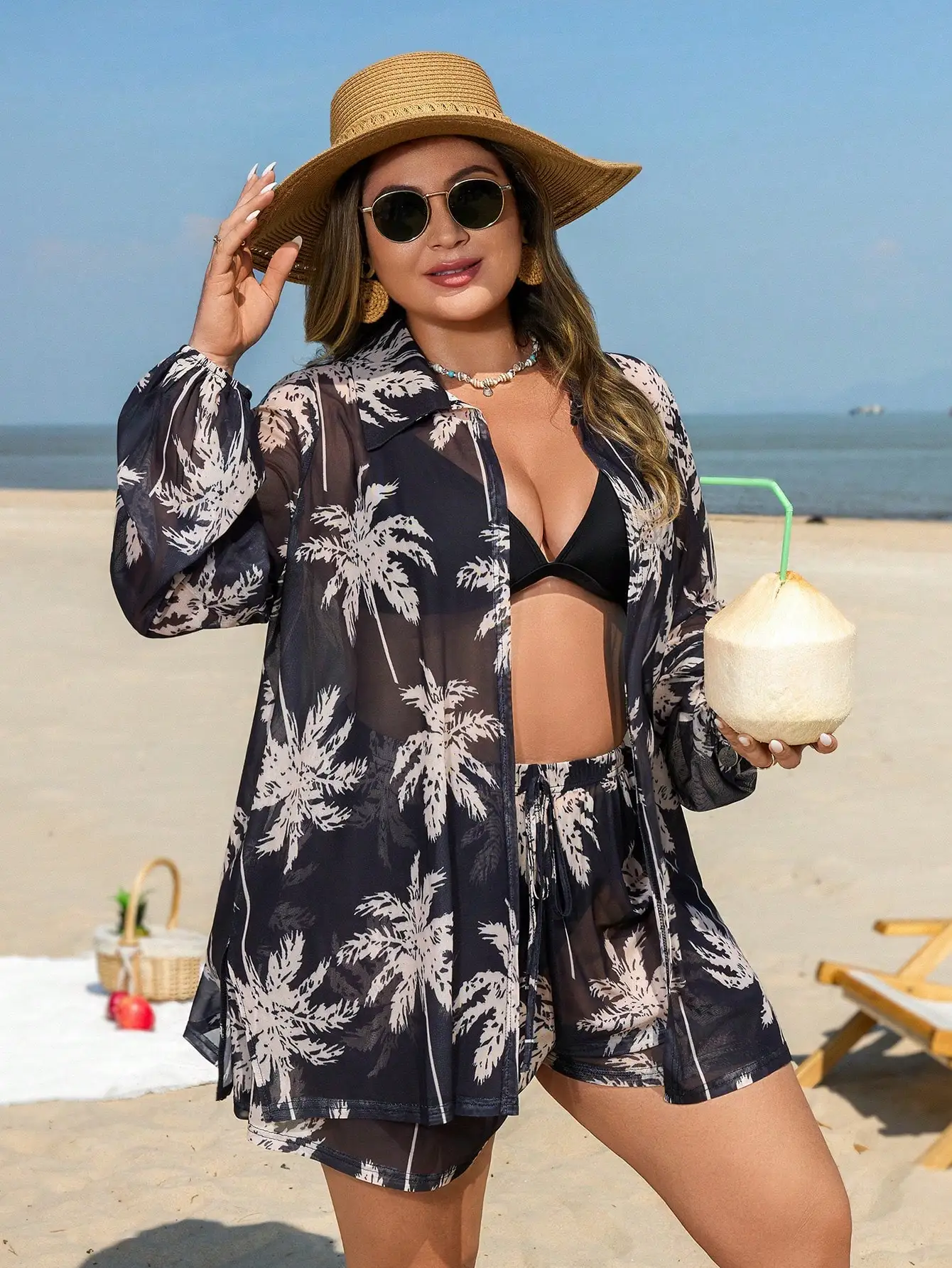 

2pcs Set Women Beach Kimono Cover Up With Floral Print Shorts