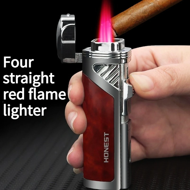 

Многофункциональная четырехсторонняя зажигалка с алмазным узором под дерево, красная, для сигар, креативный дизайн, аксессуар для сигарет