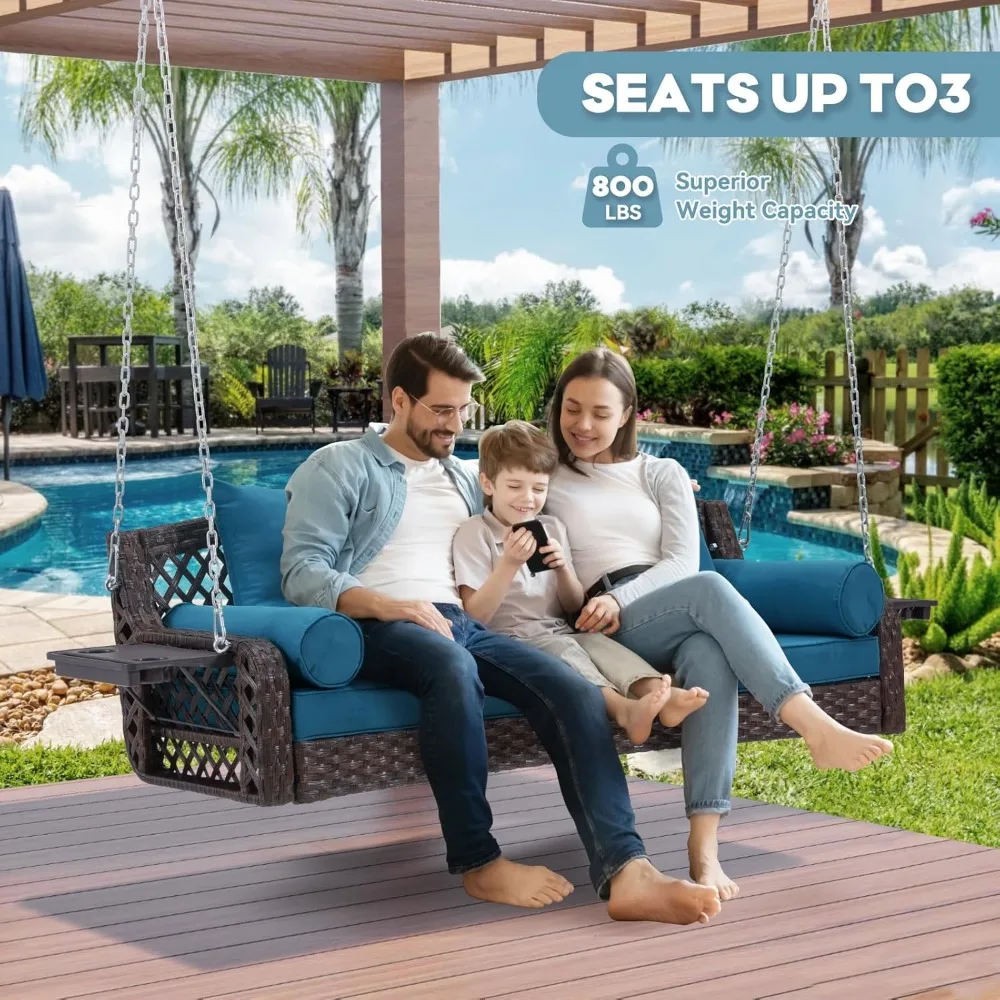 أرجوحة فناء ذات 3 مقاعد من الخيزران البني مع حاملات أكواب ووسائد خلفية للسطح أو الحديقة أو الفناء الخلفي