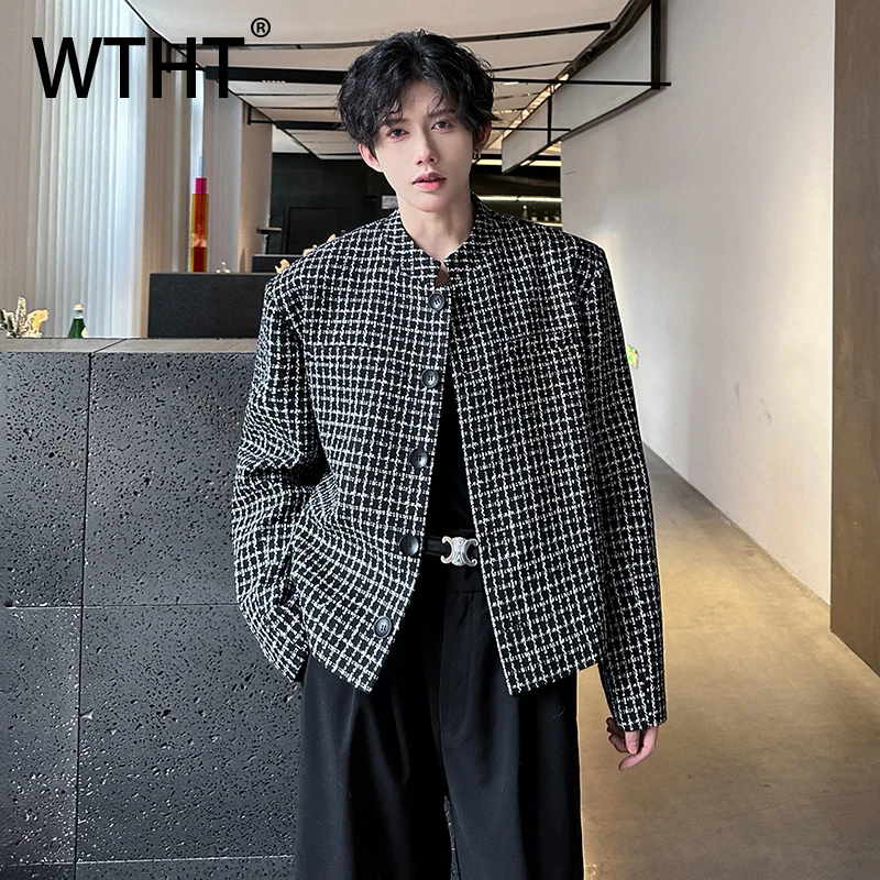 

WTHT Fashion Men's Plaids Shoulder Pads Design Loose Coats Trendy 2025 Autumn Round Collar Single Breasted Jackets Male 2A2169