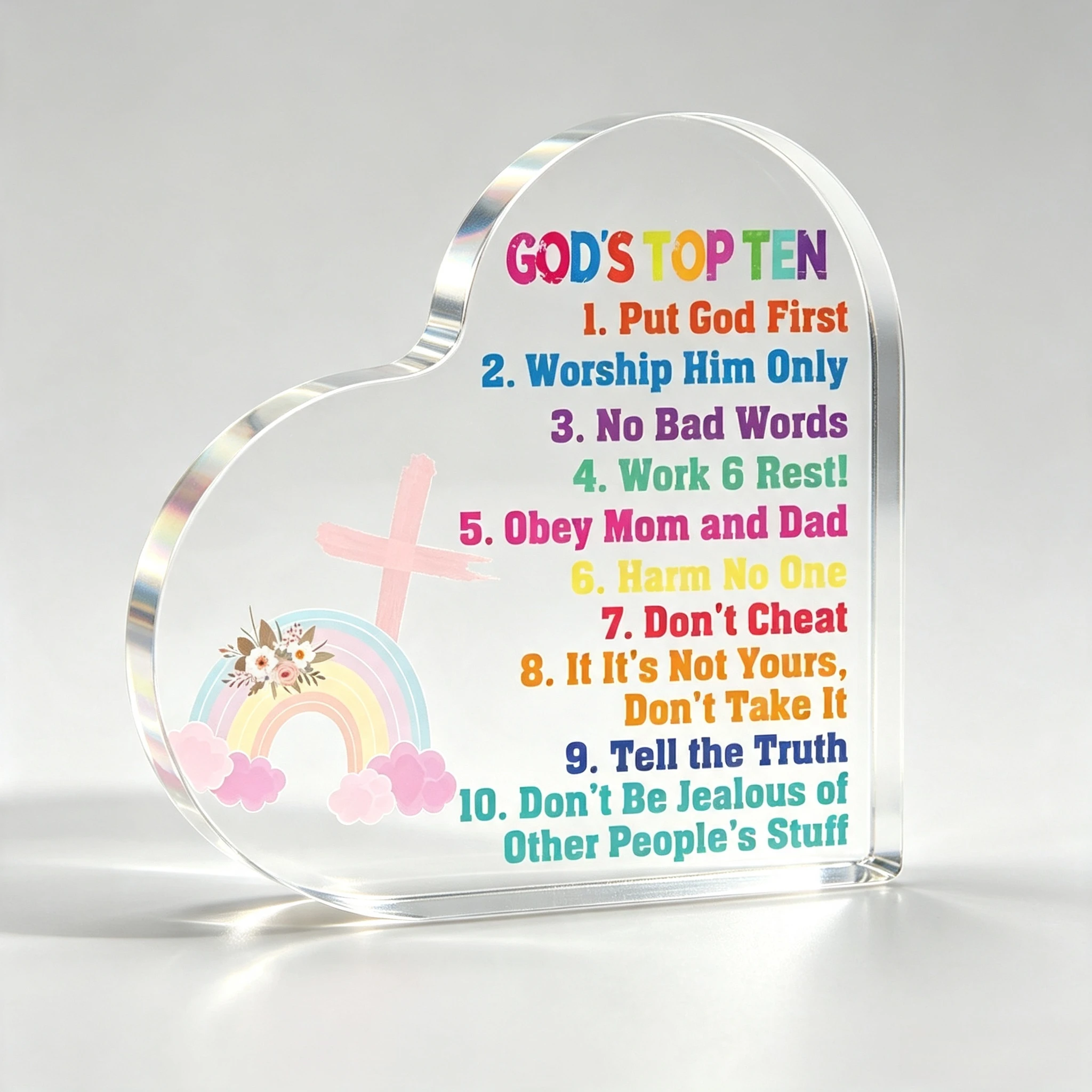 Kids Christian Ten Commandments Acrylic Heart Ornament Rainbow Cross Religious Home Decor Gift