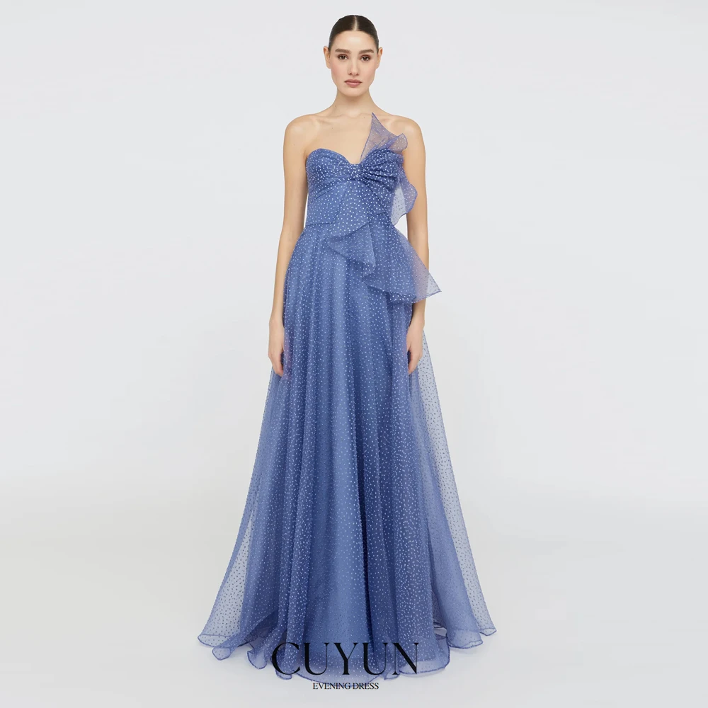 

CUYUN Blue Dotted Tulle Women Prom Dresses Strapless Sweetheart Collar Evening Dresses Customized A Line Draped Party Gown 2025