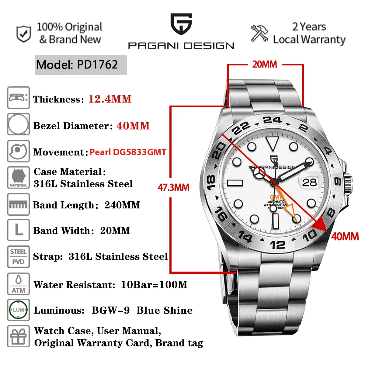 PAGANI DESIGN 2025 Men Mechanical Watch DG5833A Sapphire Crystal Stainless Steel Luminous Calendar PD1762 Waterproof reloj hombr