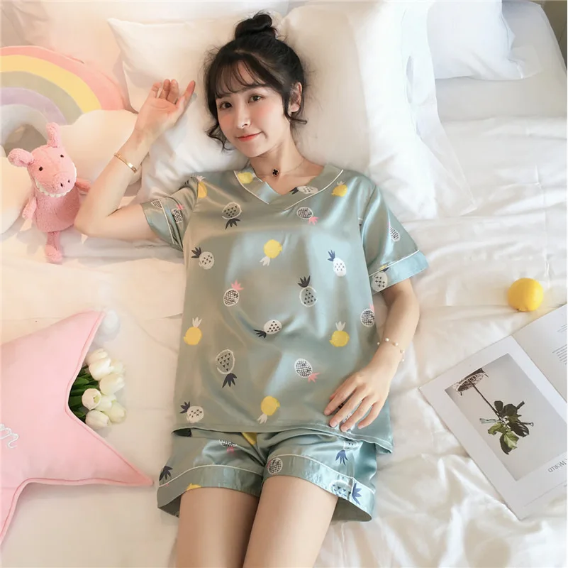 Silk Like Women Pajamas Set Summer Short Sleeve Shorts Cartoon Homewear Outfit