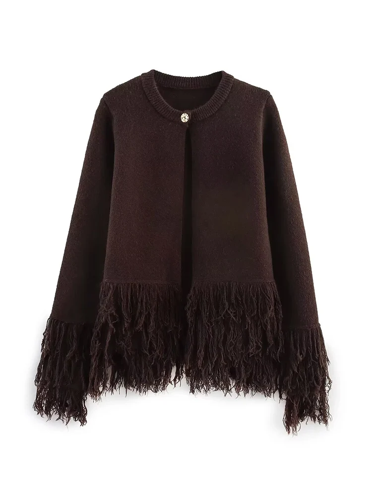 

European style new women's fashion versatile temperament tassel button round neck long sleeve knitted jacket