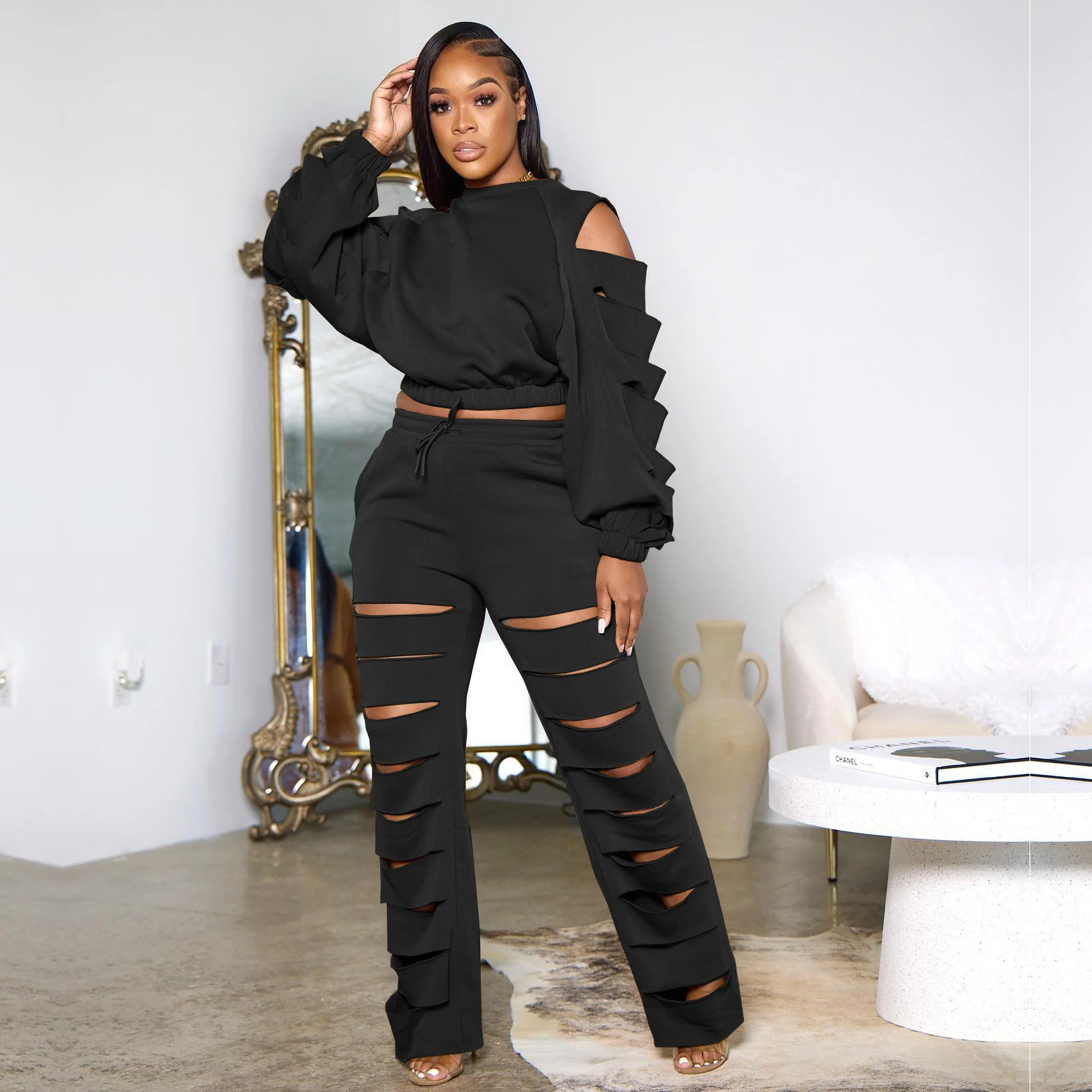 

Fleece Tracksuit Two Piece Pant Set Elegant Winter Fall 2 Pieces Sets 2022 Women Luxury Outfit Hollow Out Top Sweatsuit Joggers