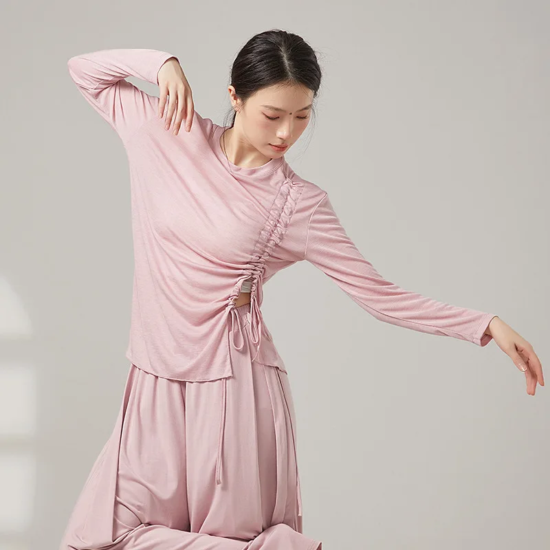 Women Modern Classical Dance Drawstring Loose Top Soft Lyocell Polyester T-shirt Breathable Sweat Absorbent Ballet Dance Top