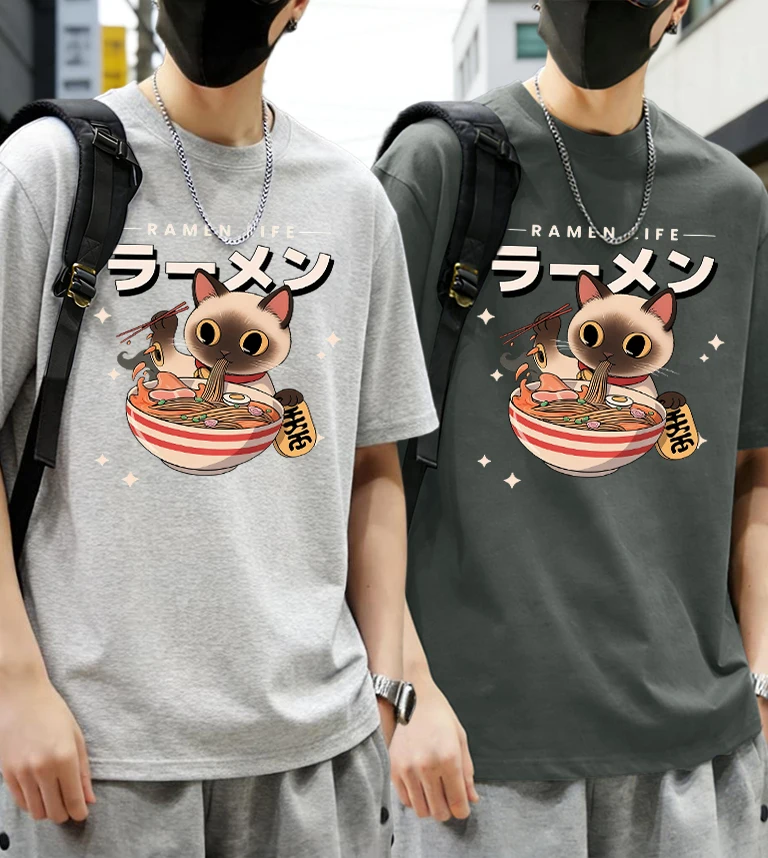 

Kitten'S Daily Lamian Noodles Printing Men Summer Cotton T-Shirt Suit Korean Soft Streetwear Commute Breathable Short Sleeve