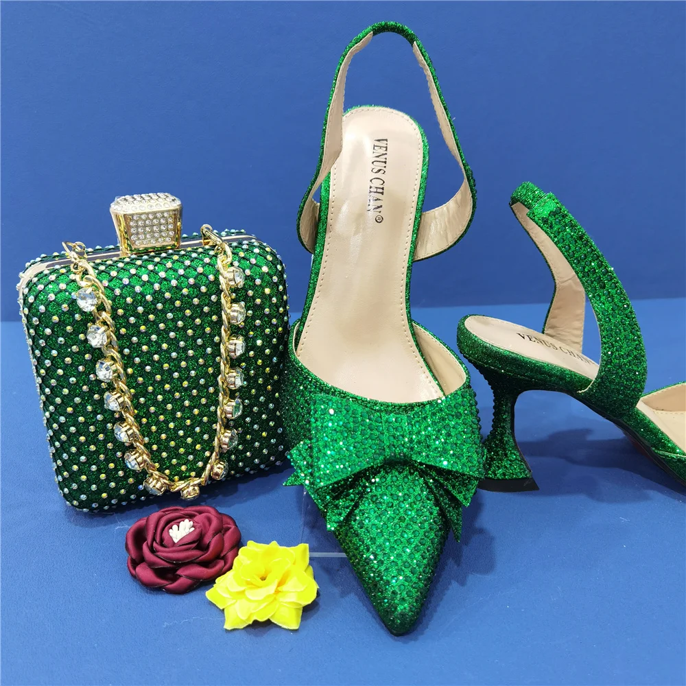 

Wholesale Price Latest Green Colors Colorful Stripes Sequins and Diamond Butterfly Design Ladies Shoes Bag Set