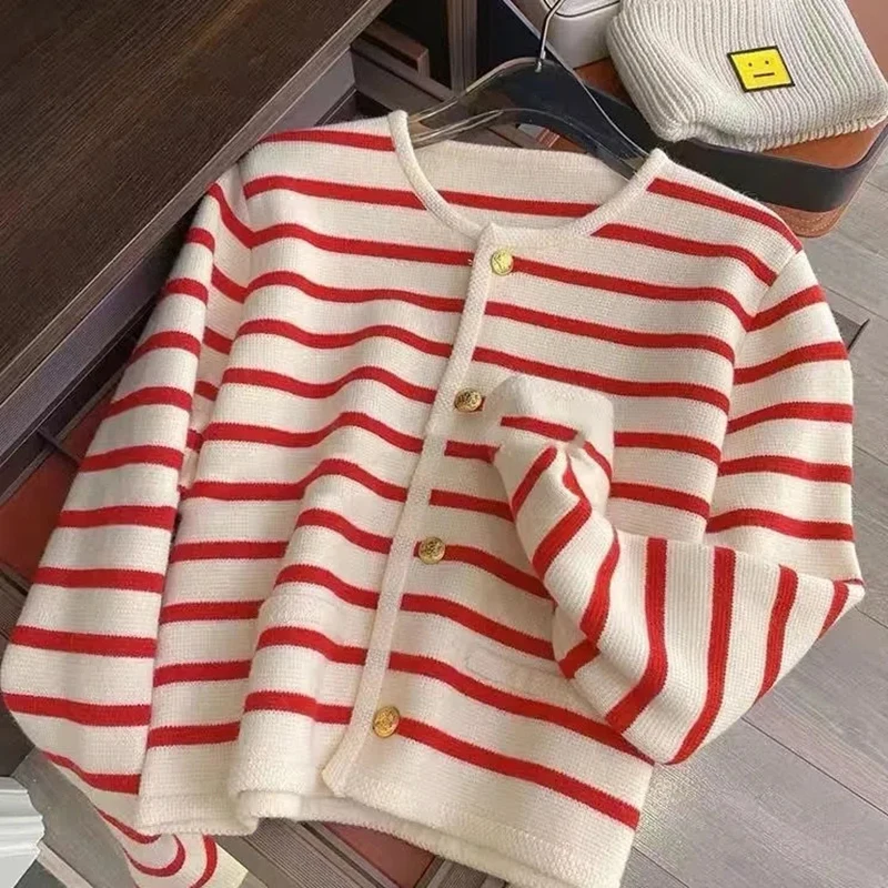 White Black Striped Short Cardigan Women Korean Fashion Sweater Elegant Long Sleeve Top 2022 Spring cardigan women traf