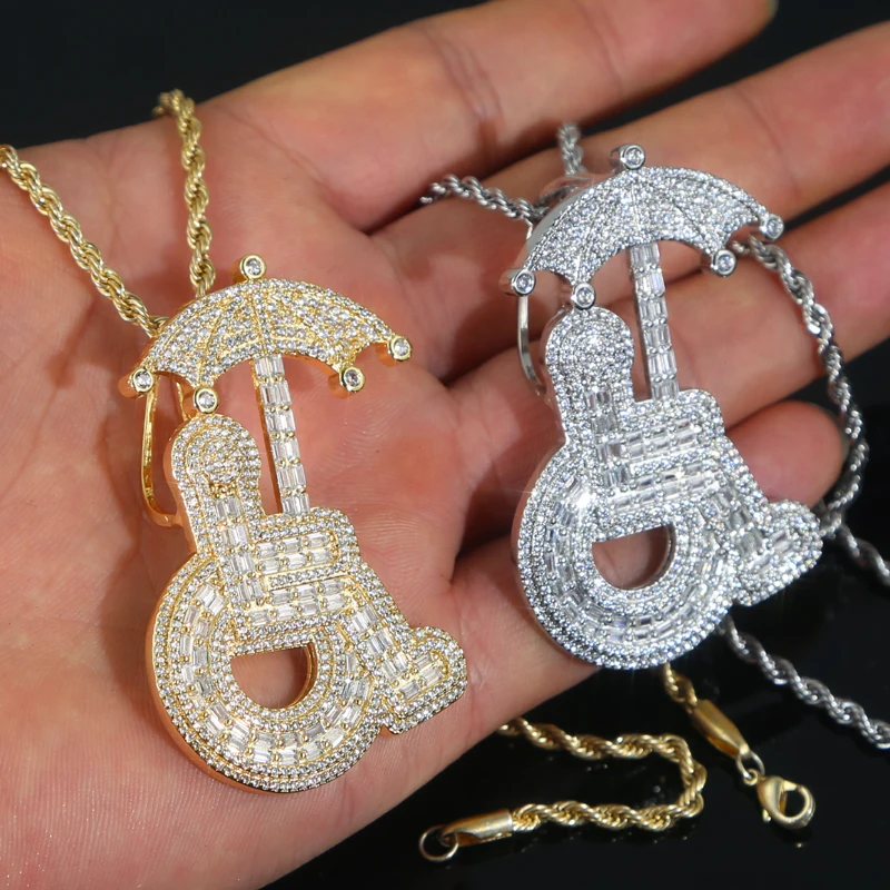 2024 Iced Out Bling 5A Cubic Zirconia Boy Fashion Jewelry Umbrella Disabled Wheelchair Charm Pendant Necklace For Hip Hop Men