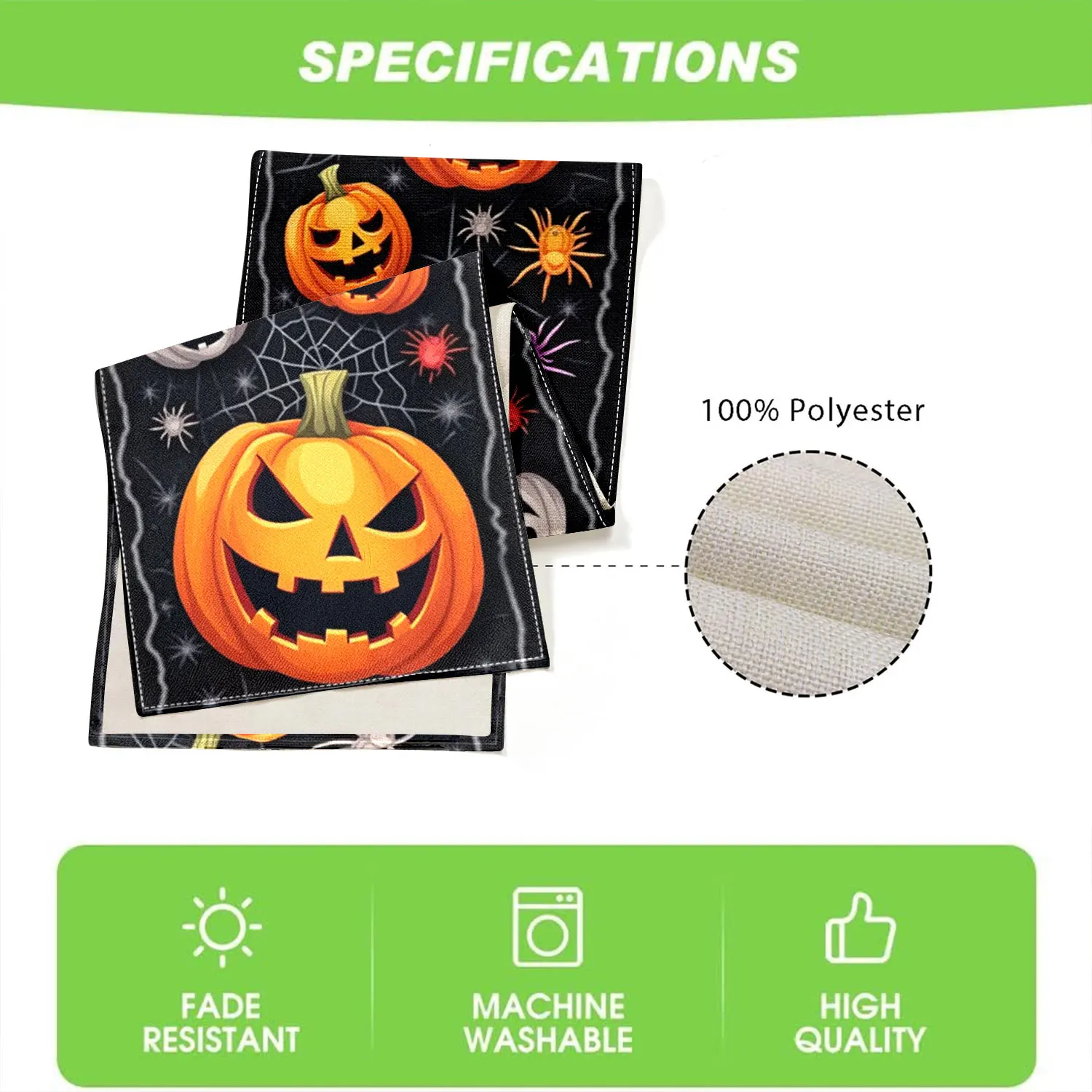 1 مفرش طاولة على شكل يقطين ملتوي بطابع الهالوين، يتميز بفوانيس اليقطين وشبكات العنكبوت والعناكب، مناسب لحفلات العطلات وديكورات الهالوين