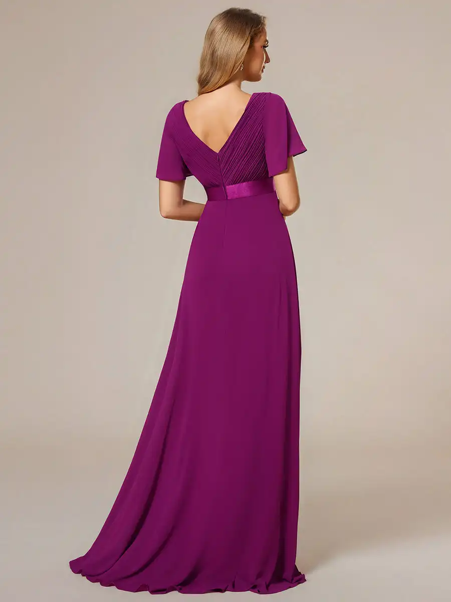 Elegant Evening Dresses V-Neck Ruffles Padded Empire waist Floor length 2025 Ever Pretty of Fuchsia Bridesmaid dress